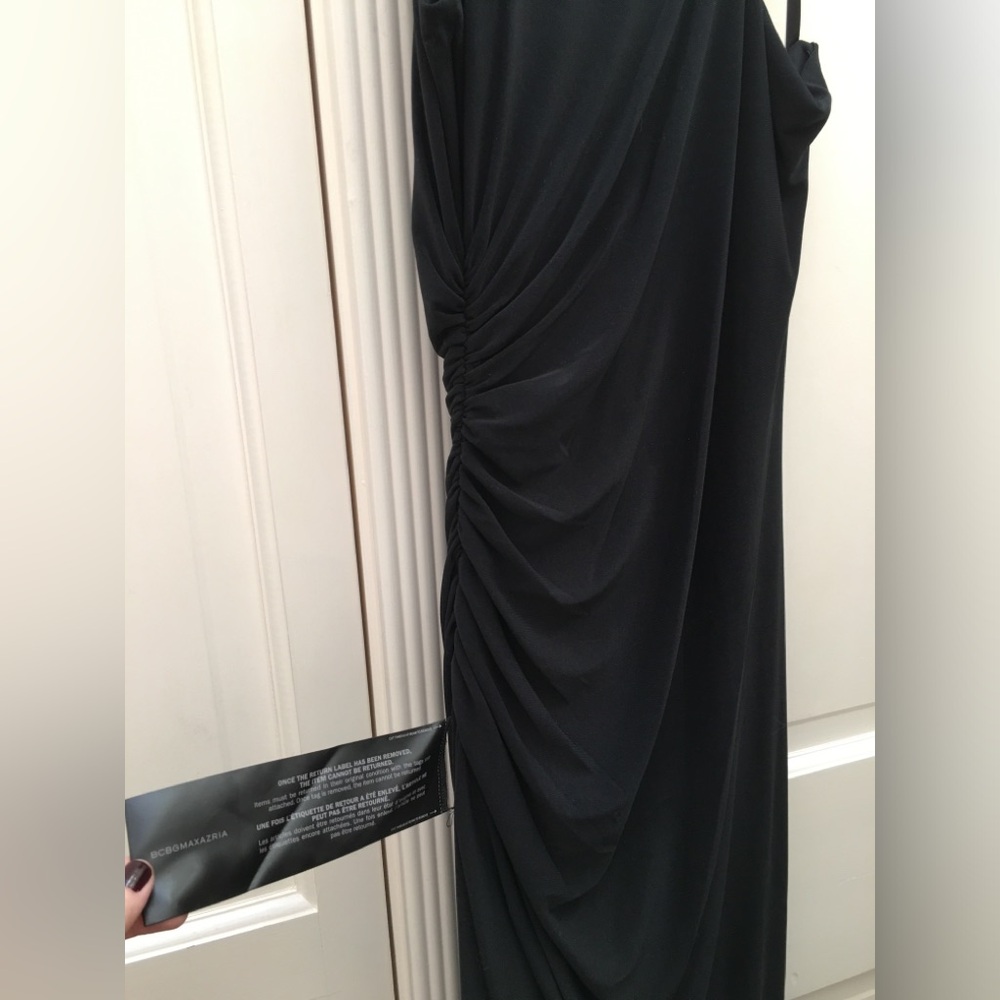 BCBG Black Ruched Asymmetric Column Long Maxi Dress - Picture 9 of 13